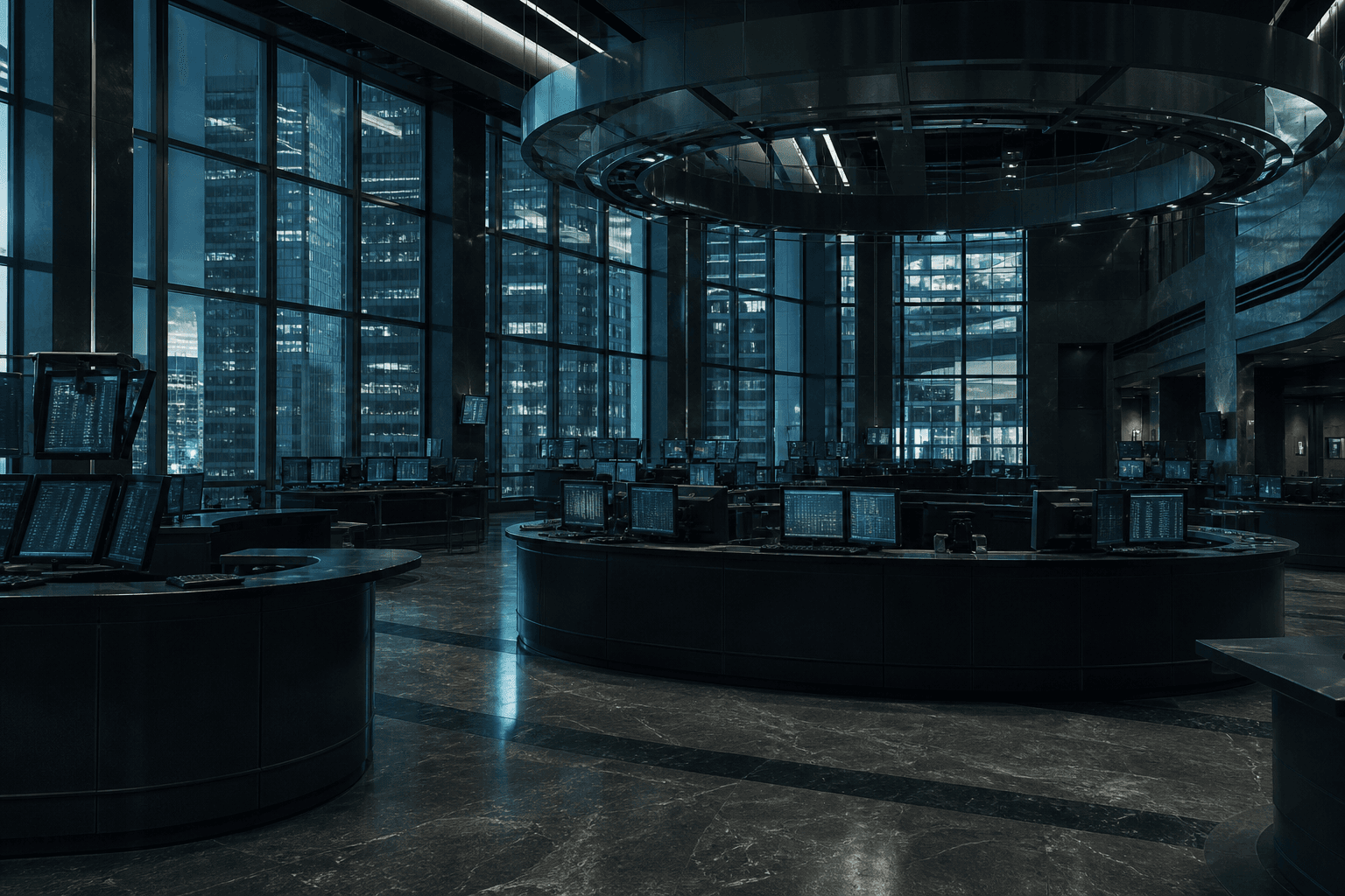 Financial operations desk with soft screen glow